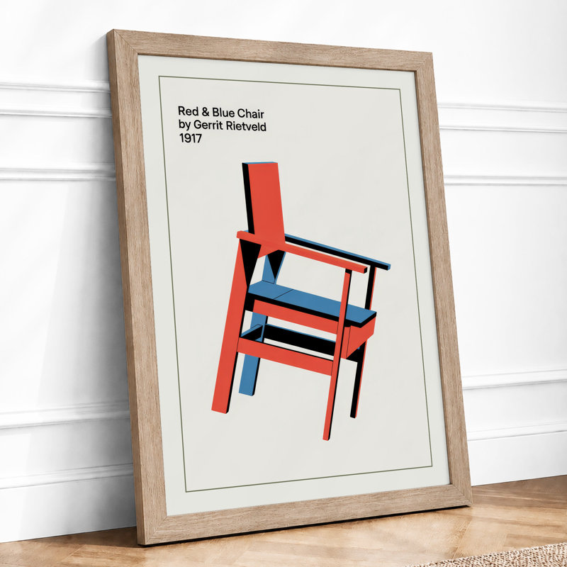 Red & Blue Chair Geometric - Framed Print, A2 - 59.4 x 42.0 cm, Oak