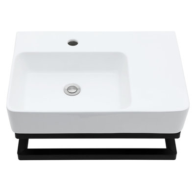 22.8"X16.5" Rectangular Ceramic Bathroom Sink With Black Towel Bar, Good For High - Usage Areas Wall Mounted In Ceramic, Matte Bar