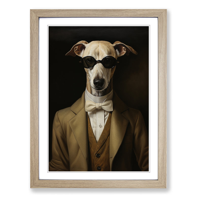 Whippet Classicism - Single Picture Frame Print on Wood, 34cm H x 25cm W x 2cm D, Oak