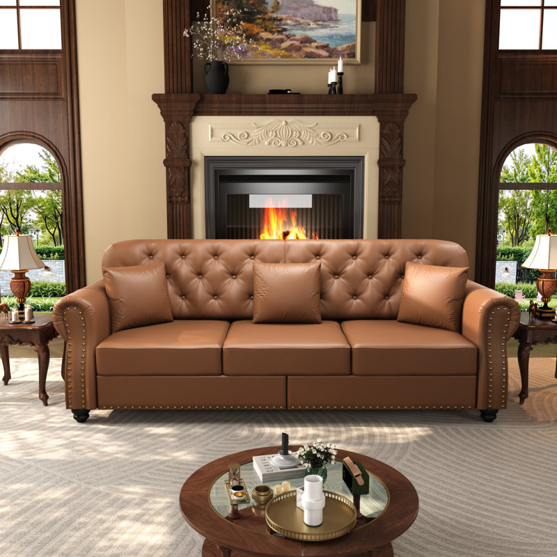 Upholstered Faux Leather Sofa With Nailhead Trim And Rolled Armrests,Mid-Century Modern Chesterfield Sofa With Button Tufted,Includes 4 Pillows,Black