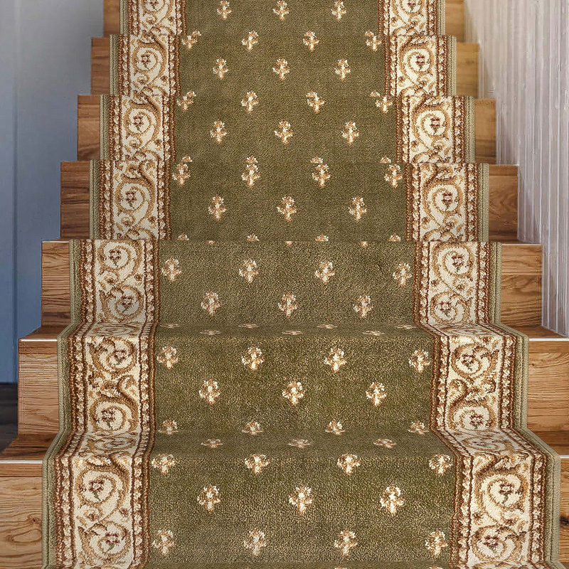 Almore Fleur De Lis Green Custom Size Hallway Stair Runner - Traditional Elegance Carpet, Runner 2'2" x 15'