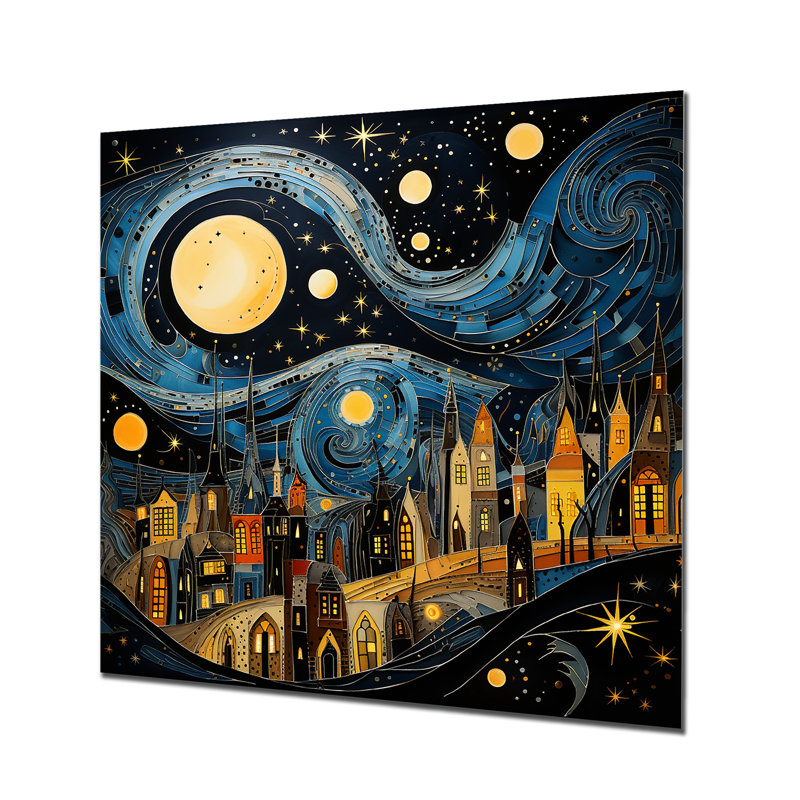 Collage de ville bleu et jaune au clair de lune - Art mural en métal paysage urbain, H 36 po x l 36 po