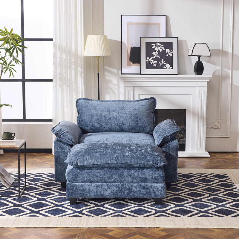 51.9'' W Double Layer Cushion Accent Chair With Ottoman, Blue Chenille