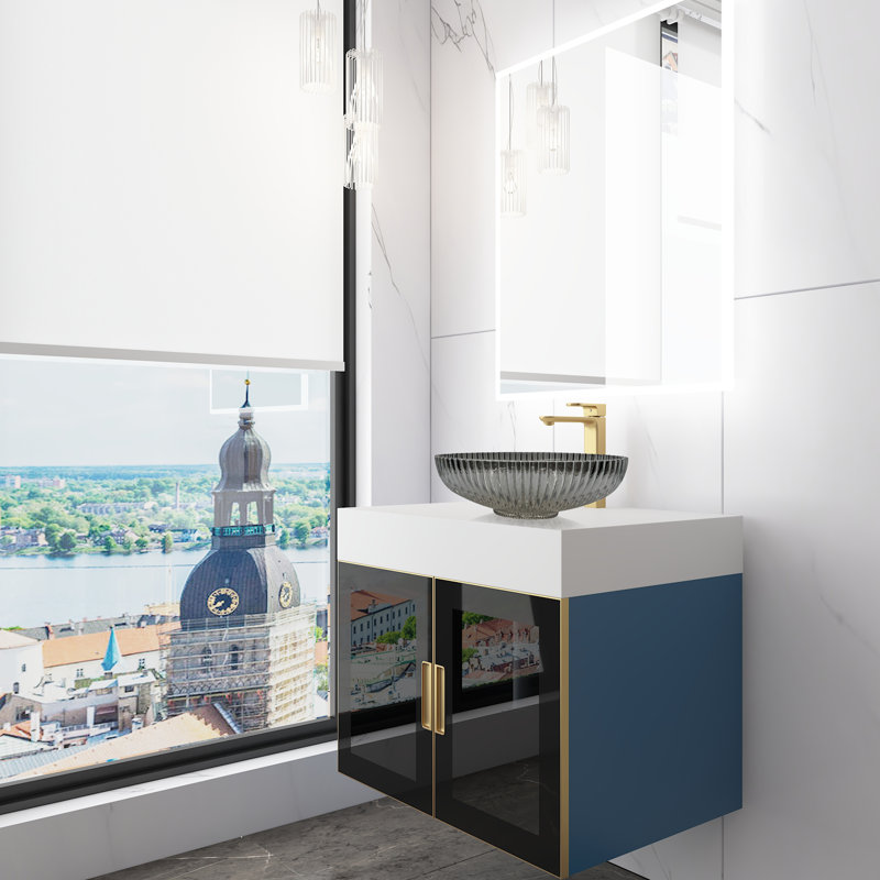 Meuble-lavabo mural moderne de luxe avec comptoir à surface solide de 30 po et lavabo vasque ovale en verre transparent, Noir