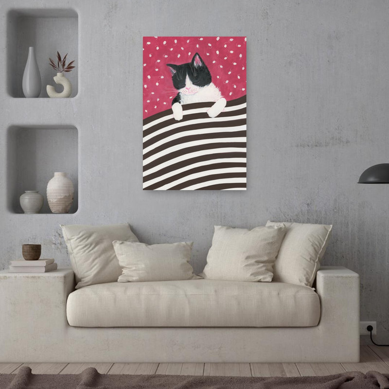 Chat endormi rêve, affiche murale contemporaine paisible et fantaisiste représentant un chat., H 36 po x l 24 po