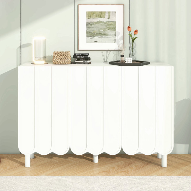 Cream Style Minimalist Shoe Cabinet With 5 Solid Wood Legs, Sideboard Buffet Cabinet With Adjustable Shelves, Large Storage Cabinet With Wave Doors For Living Room