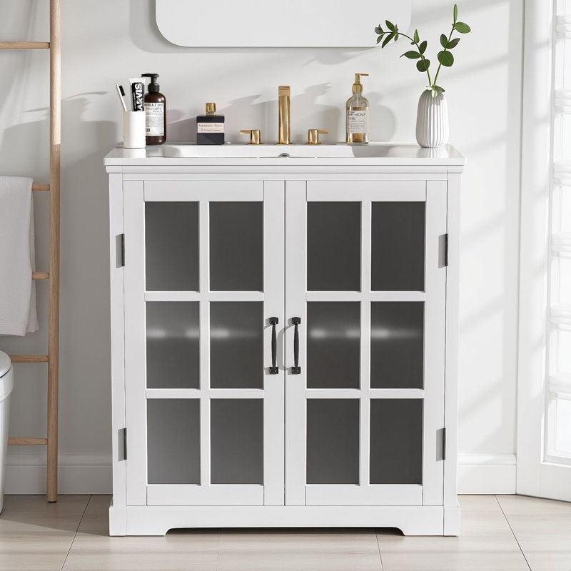 Meuble-lavabo autoportant de 30 po avec lavabo en céramique, armoire de rangement avec portes en verre et tablette de rangement réglable