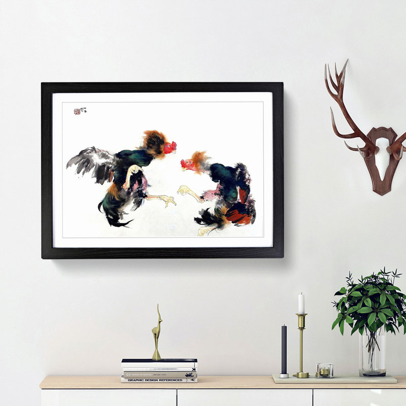 Fighting Cocks by Takeuchi Seiho - Picture Frame Art Print, 27cm H x 36cm W x 2cm D, Black Framed