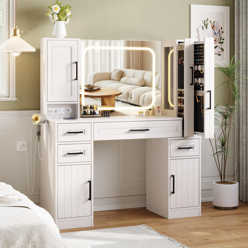Vanity Desk With Large Led Mirror And Power Outlet