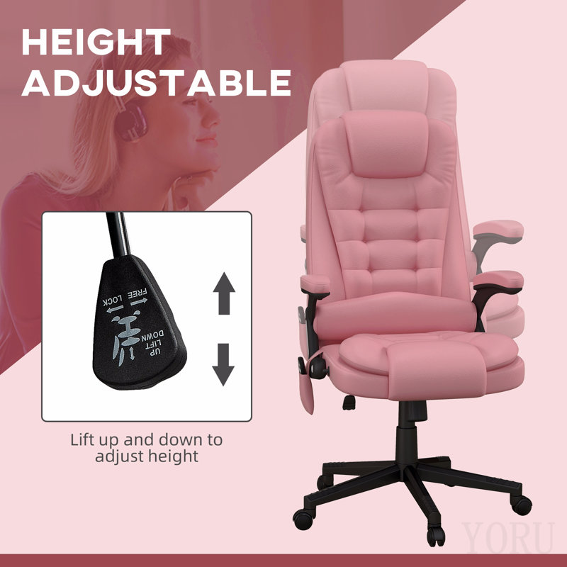 High Back Vibration Massage Office Chair With 6 Vibration Points, Heated Reclining Pu Leather Computer Chair With Armrest And Remote, Pink