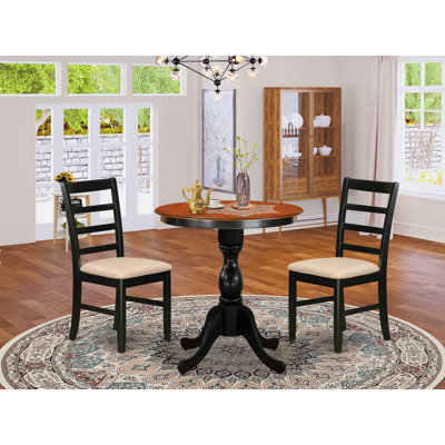 L'ensemble de mobilier de salle à manger 3 pièces comprend une table ronde avec piédestal et 2 chaises rembourrées en tissu de lin, 30 po x 30 po, noir et cerisier