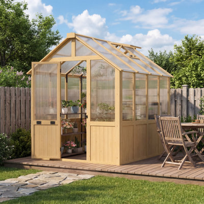 8 X 6 Ft Wooden Greenhouse, Walk-in Green House With Thickend Pc Panel, Adjustable Windows & Lockable Door
