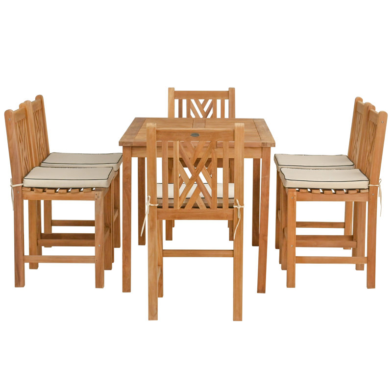 7 Piece Teak Wood Chippendale 55" Rectangular Bistro Counter Dining Set Including 2 Arm & 4 Side Counter Stools