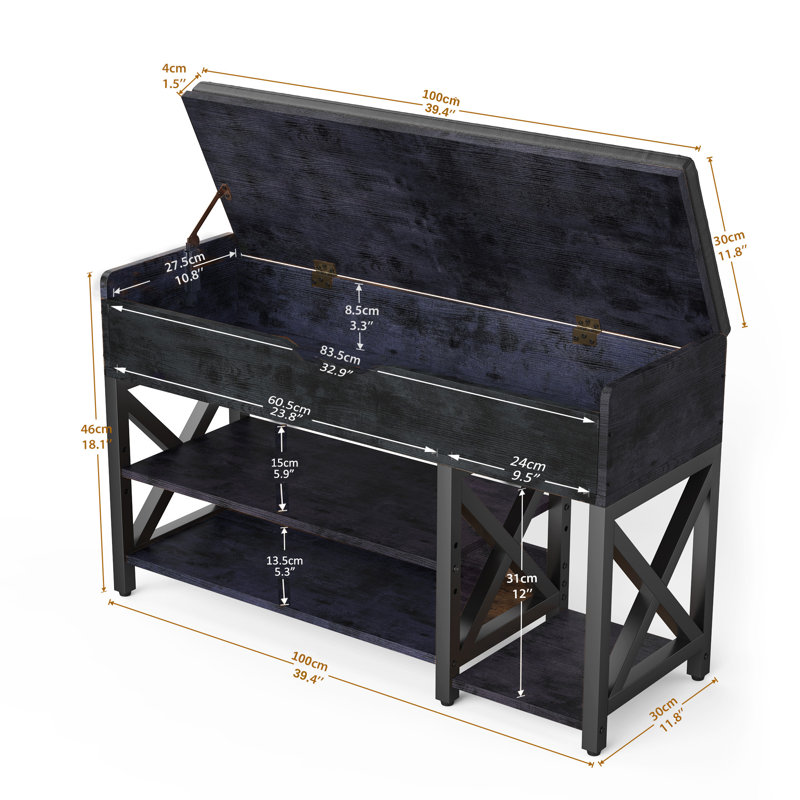 Shoe Storage Bench with Cushion, 7 Pair Entryway Shoe Bench Serkis, Black, 18.1" H x 39.4" W x 11.8" D