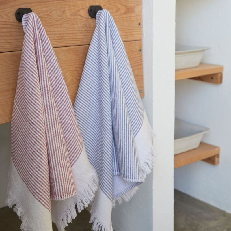 Terry Stripe Waffle Dish Cloth Kitchen Towel, White/Classic Red