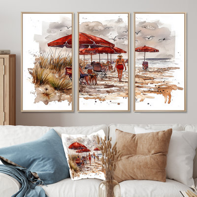 «Vibrant Beach Scene In The 1950S I», ensemble de reproductions d'art mural plage et océan