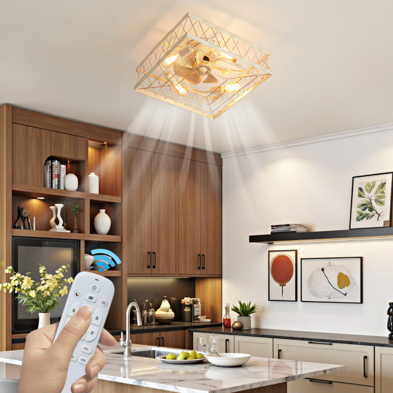 20" Flush Mount White Rubbed Gold Caged Ceiling Fan, Small Modern Ceiling Fan With Remote