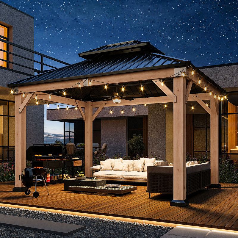 Jolydale Soild Wood Gazebo, Hardtop Gazebo With Galvanized Steel Double Roof, Suitable For Patios, Lawn And Backyard