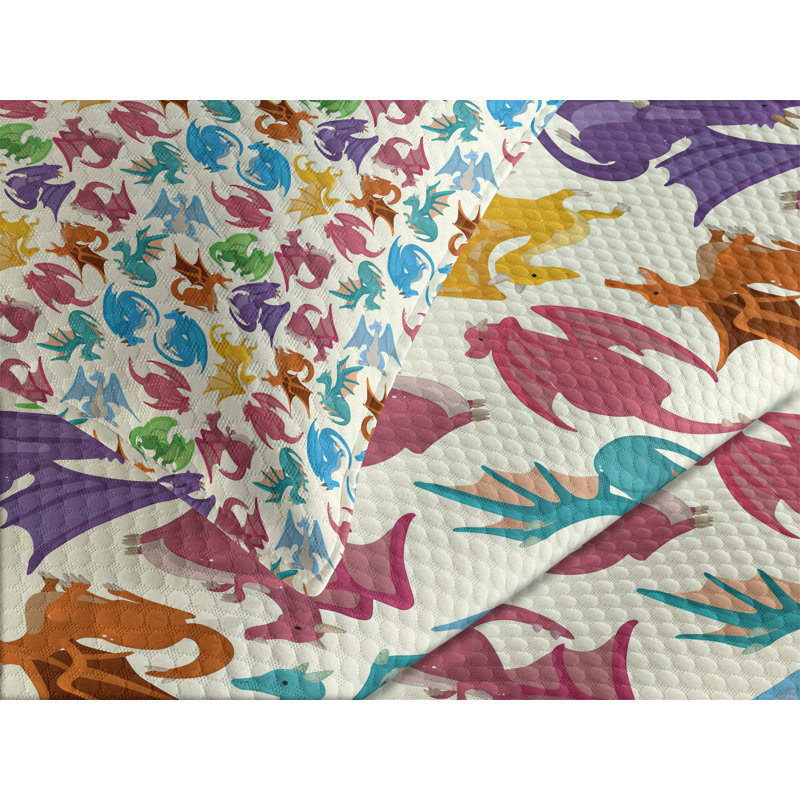 Ambesonne Dragon Bedspread Set Pattern Colored Multicolor, King Coverlet/Bedspread + 2 Standard Shams