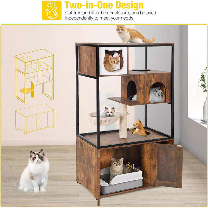 Brown Wooden 3-Story Cat Condo with Sisal Scratching Post