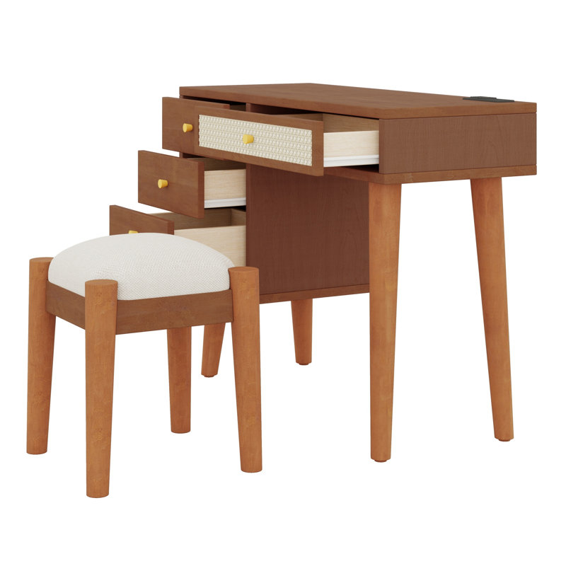 Ensemble de coiffeuse à maquillage en bois rétro avec prise de charge, port USB, tabouret, 3 tiroirs de rangement et 1 tiroir en rotin