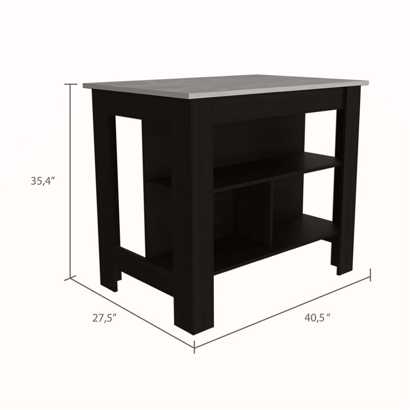 Kitchen Island, Four Legs, Three Shelves, Black, Gray