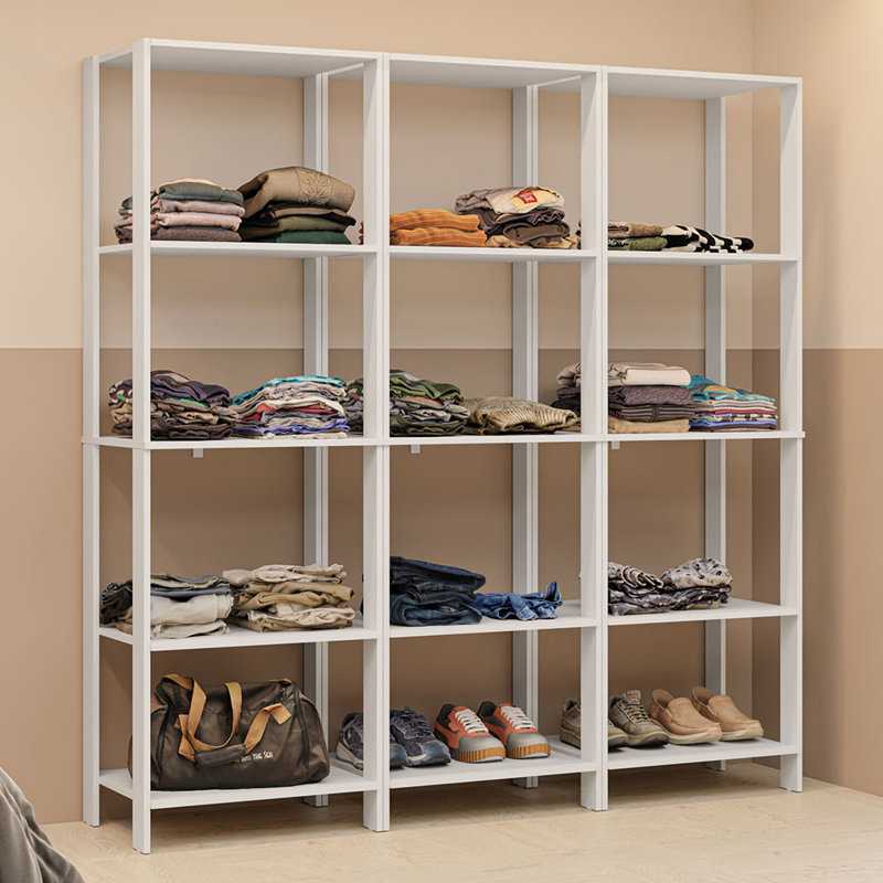  Wardrobe Clothes Storage Rack with 15 Open Shelves 70"L Multiuse Modular Cabinet for Bedroom Organization - White, White