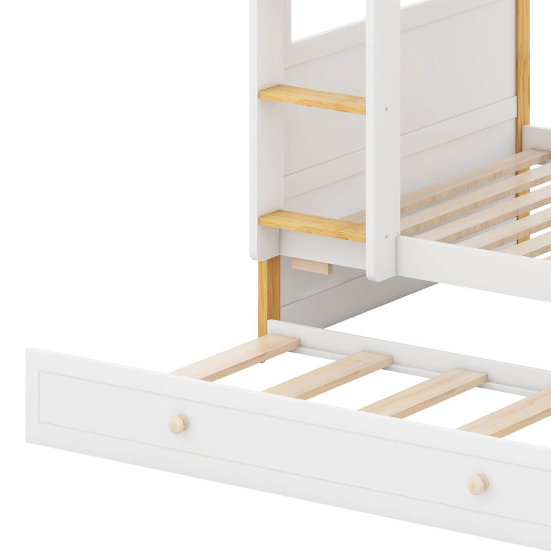 Lit superposé House avec tablettes de rangement et lit gigogne escamotable, structure de lit mezzanine en bois massif avec garde-corps de sécurité