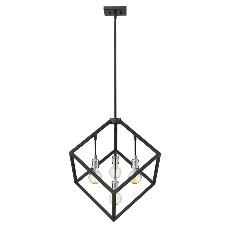 Luminaire suspendu géométrique unique à 4 lumières Zarrukh, H 25,75 po x l 24 po x P 24 po, Noir mat / nickel brossé
