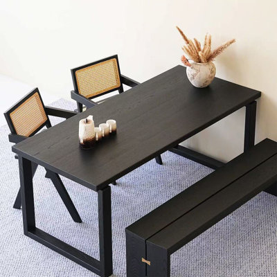 Black Rectangular Solid Wood H-Shape Dining Table
