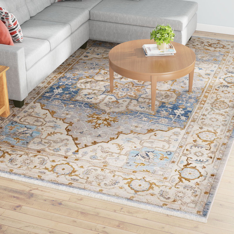 Tapis bleu ciel / beige Mendelsohn, Rectangle 7 pi 10 po x 10 pi 3 po