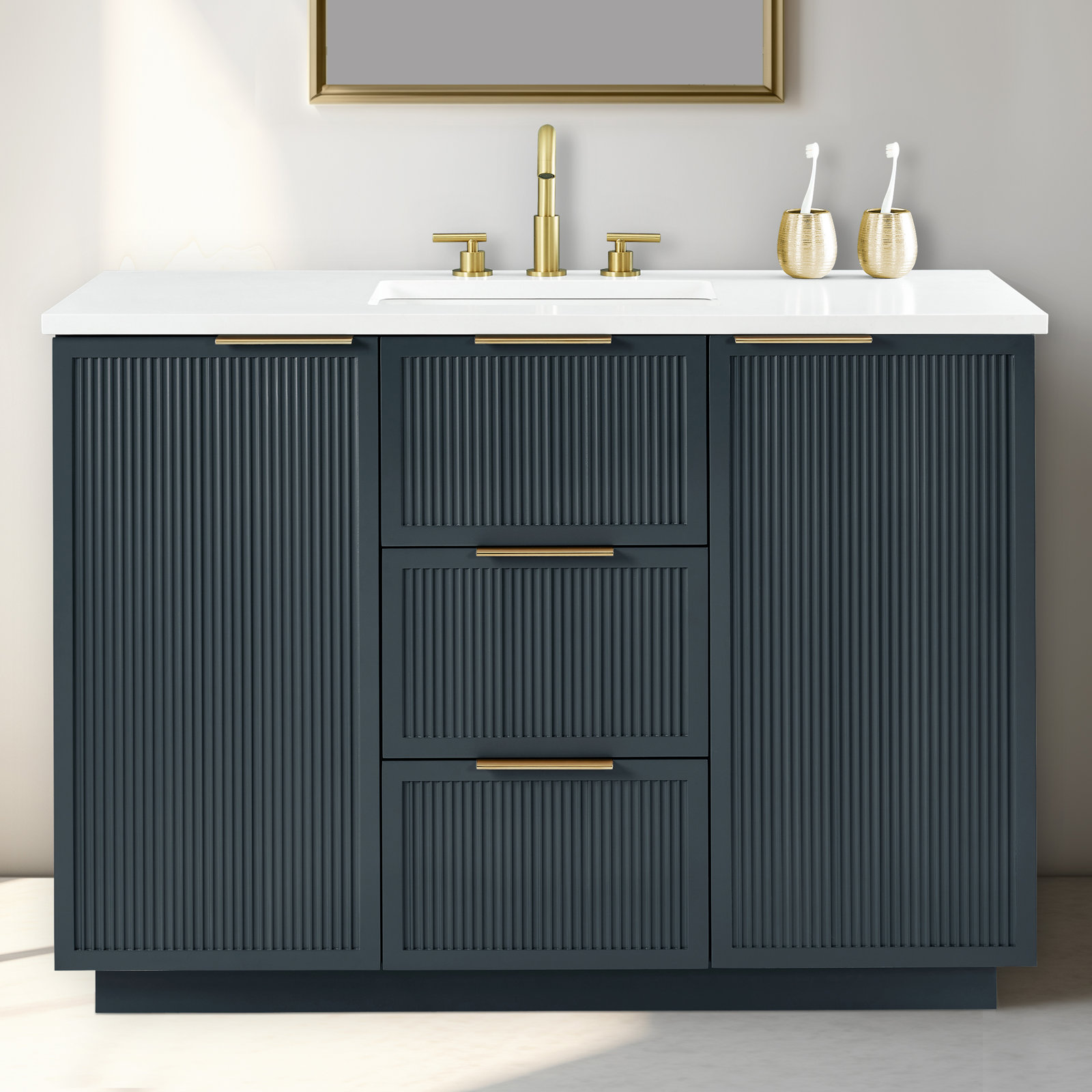 Aderyn 48" Pine Single Bathroom Vanity, Vintage Blue/Brushed Bronze