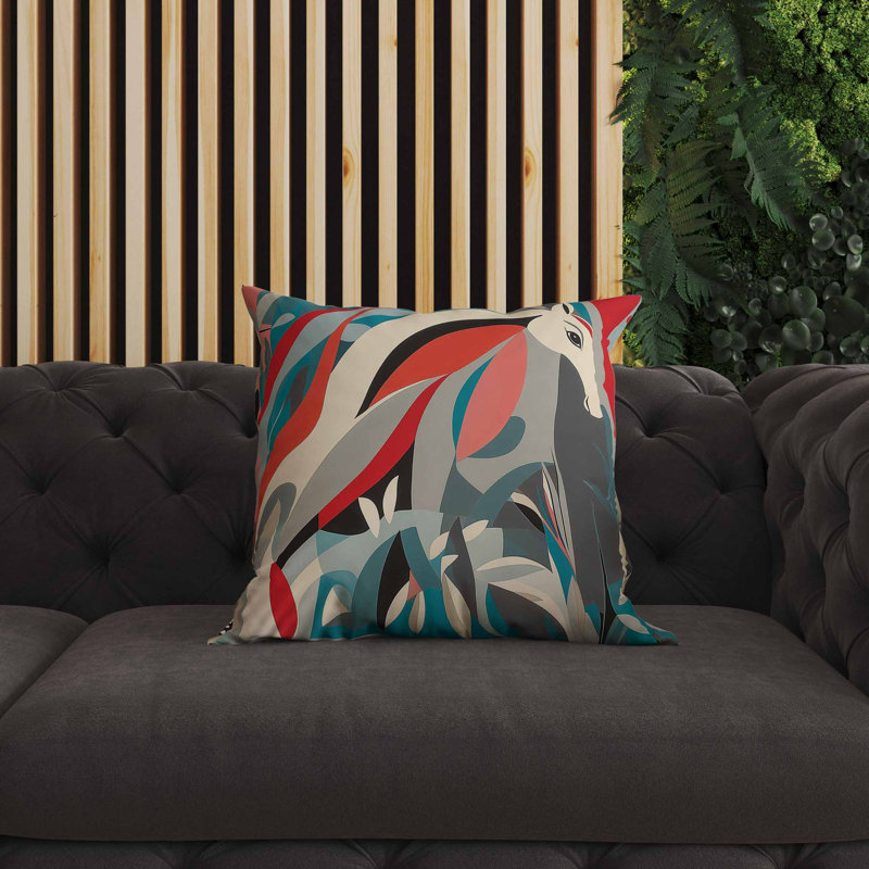 Coussin intérieur / extérieur Mythical Horse, Rouge / Gris, Carré 16 po
