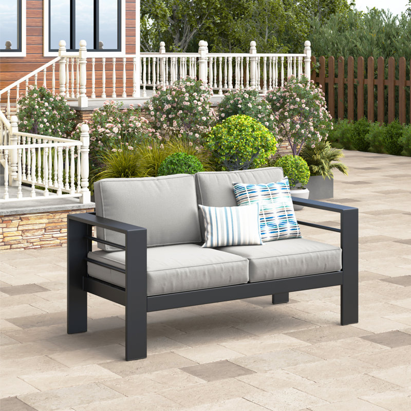 Patio Furniture Metal Loveseat, Black Frame/Light Gray Cushion
