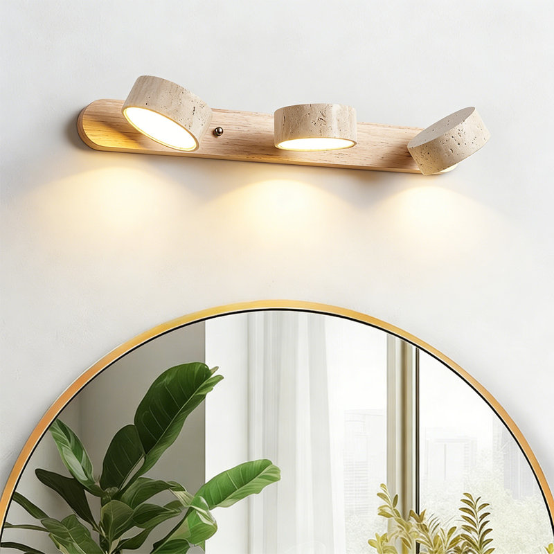 Modern Organic 3-Light Adjustable LED Vanity Light with Natural Travertine Stone Shades and Solid Wood Backplate for Bathroom Mirror
