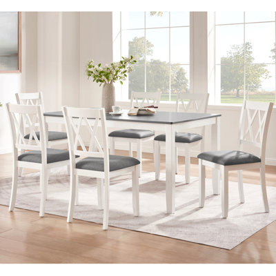 Modern 7-Piece solid wood Dining Set with 6 Upholstered Chairs-Rectangular Table for 6, Space-Saving Kitchen & Dining Room Set, Easy Assembly