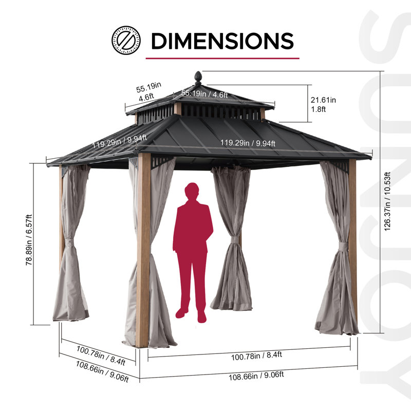 Pavillon de jardin Kingston 10 x 10 avec toit en métal, rideau et filet SUNJoy Kingston - Poteaux en aluminium à grain de bois