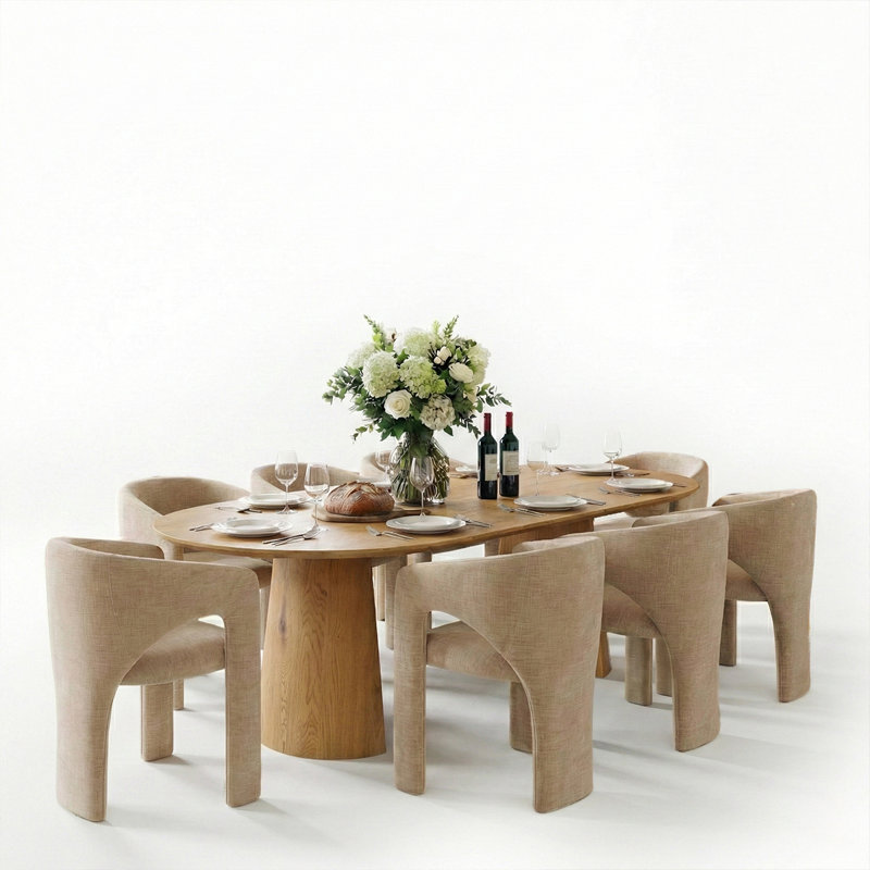 47"-83" Extendable Round To Oval Dining Table Set,Modern Pedestal Wood Dining Table With Upholstered Barrel Chairs, Brie