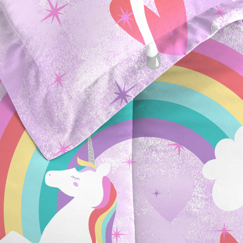 Ensemble d'édredon réversible en microfibre Unicorn, Édredon double et 2 taies décoratives