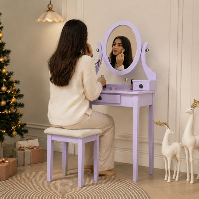 Ensemble de meuble-lavabo 30 "en bois massif avec miroir ovale et tabouret, mauve