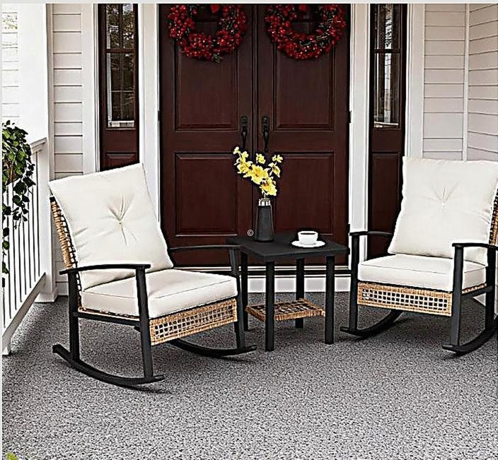 Patio Wicker Furniture Set with Button Tufted Cushions, Rattan Rocking Chairs, Coffee Table, Beige