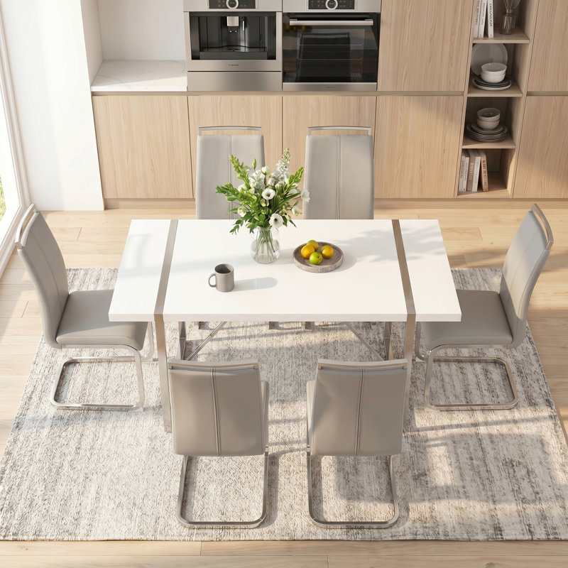 7-Piece Modern Glam Rectangular Dining Set with Faux Leather Chairs , Light Gray, 7