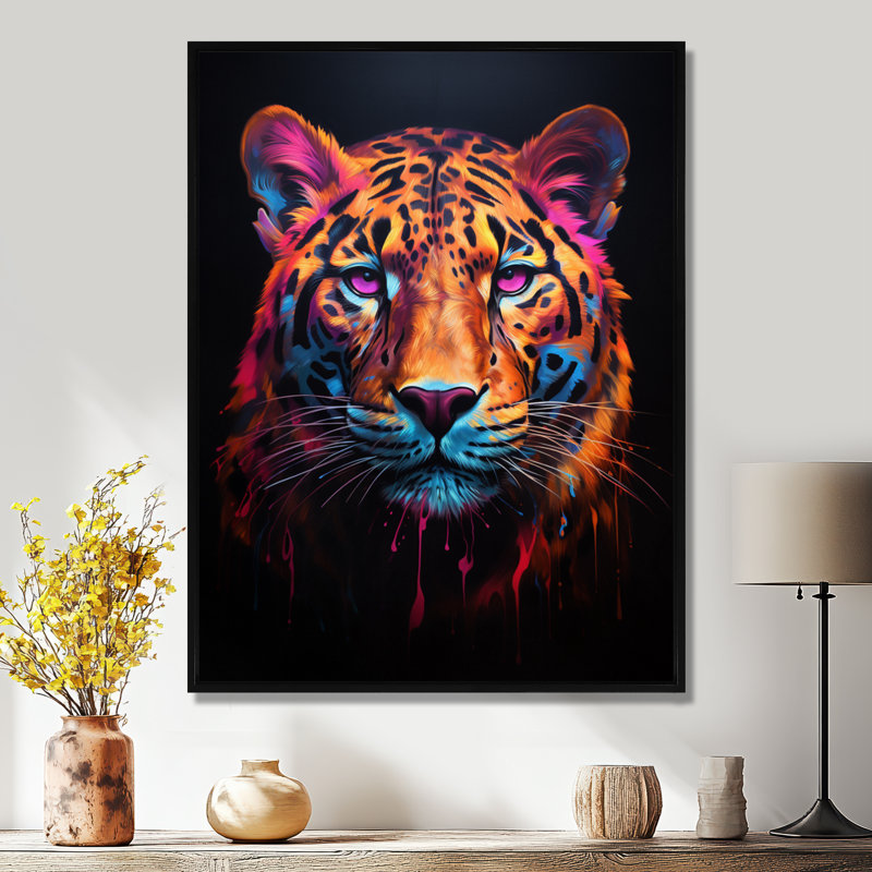 Portrait de tigre fuchsia néon, H 20 po x l 12 po x P 1 po, Toile avec cadre flottant noir