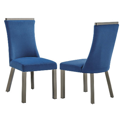 Chaises de salle à manger en velours bleu imperméable, pieds en acier inoxydable gris et garniture supérieure en métal décoratif, lot de 2