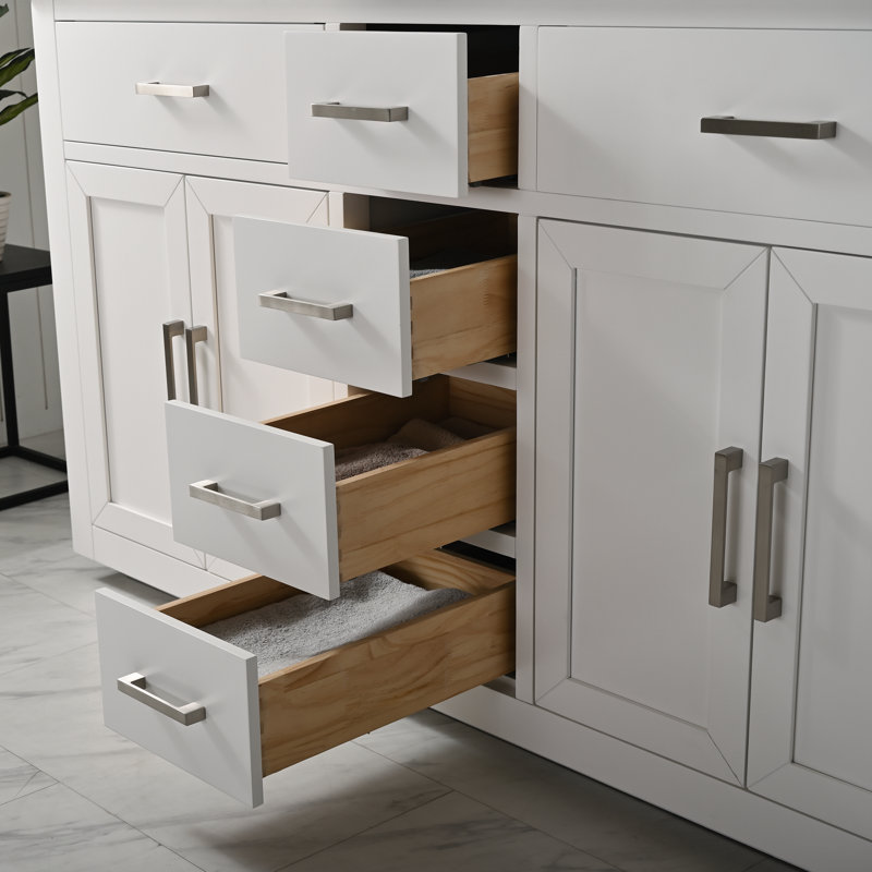 Meuble-lavabo double autoportant 60 po avec plateau en pierre artificielle Arrthor, Blanc, Soft Carrara White, 60"