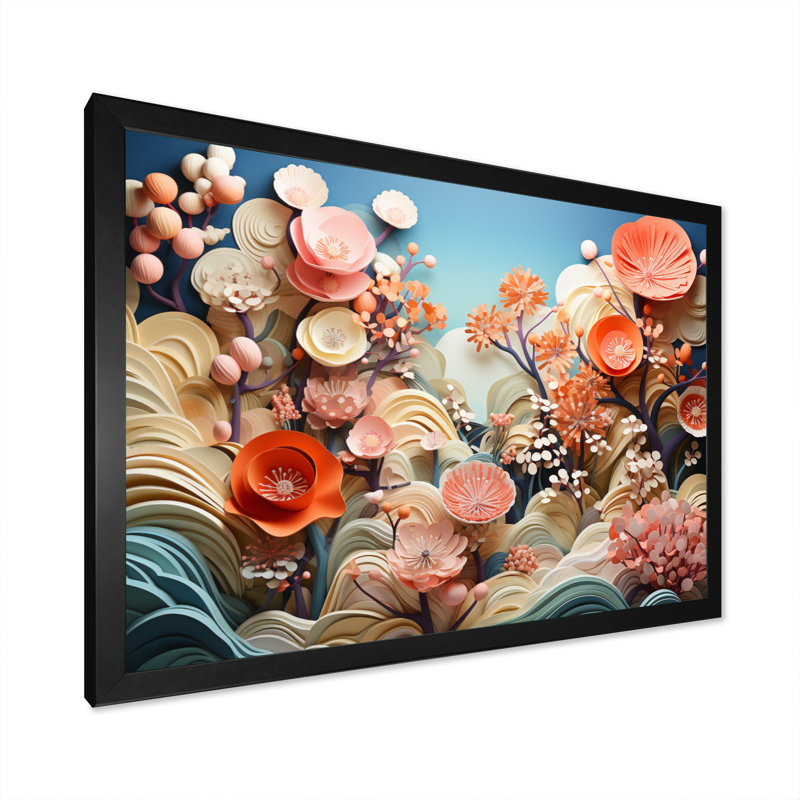 Coral Vibrant Reef Geometric - Coral Canvas Art Print, Cadre photo noir, H 24 po x l 32 po x P 1 po