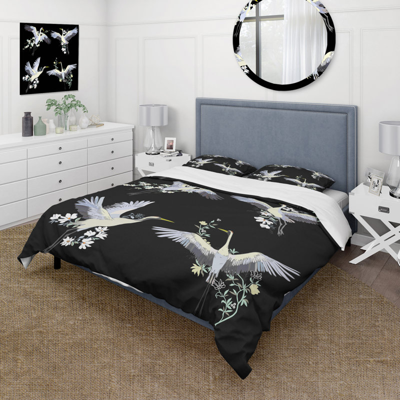 White Crane Birds On Black - Ensemble de housse de couette moderne - Polyester en microfibre