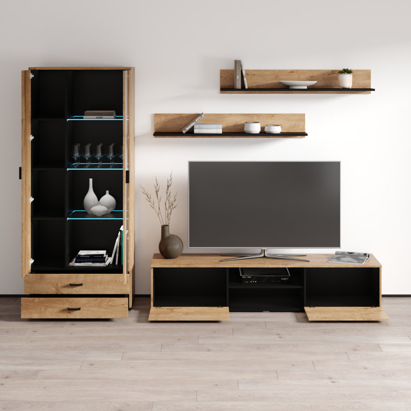 Sabala 105" Modern Entertainment Center with 16-Color LED Lighting, High Gloss Finish, Media Storage, Oak