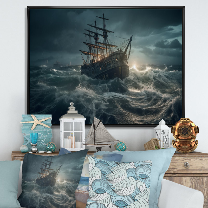 Ship In The Middle Of A Storm I Framed On Canvas Print, 34" H x 44" W x 1.5" D, Black Floater Framed