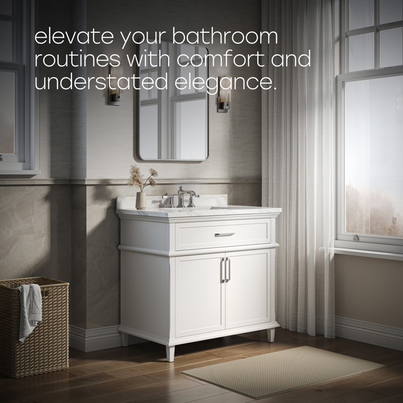 36 po Eviora Meuble-lavabo autoportant à simple cuve blanche avec plateau en marbre de culture blanc assemblé